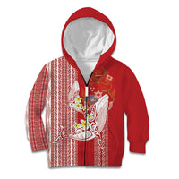 Swimming With Humpback Whales Season Tonga Kid Hoodie Tongan Tofuaa Ngatu Pattern Red LT14 Zip Hoodie Red - Polynesian Pride