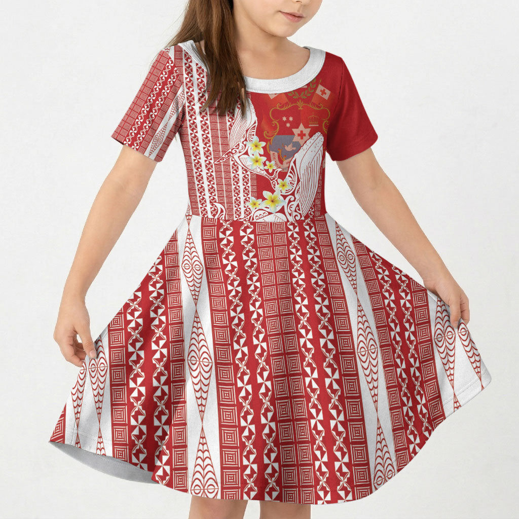 Swimming With Humpback Whales Season Tonga Kid Short Sleeve Dress Tongan Tofuaa Ngatu Pattern Red LT14 KID Red - Polynesian Pride