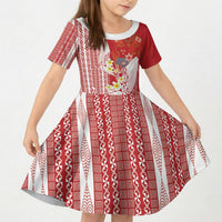 Swimming With Humpback Whales Season Tonga Kid Short Sleeve Dress Tongan Tofuaa Ngatu Pattern Red LT14 KID Red - Polynesian Pride