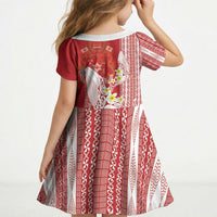 Swimming With Humpback Whales Season Tonga Kid Short Sleeve Dress Tongan Tofuaa Ngatu Pattern Red LT14 - Polynesian Pride