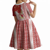 Swimming With Humpback Whales Season Tonga Kid Short Sleeve Dress Tongan Tofuaa Ngatu Pattern Red LT14 - Polynesian Pride