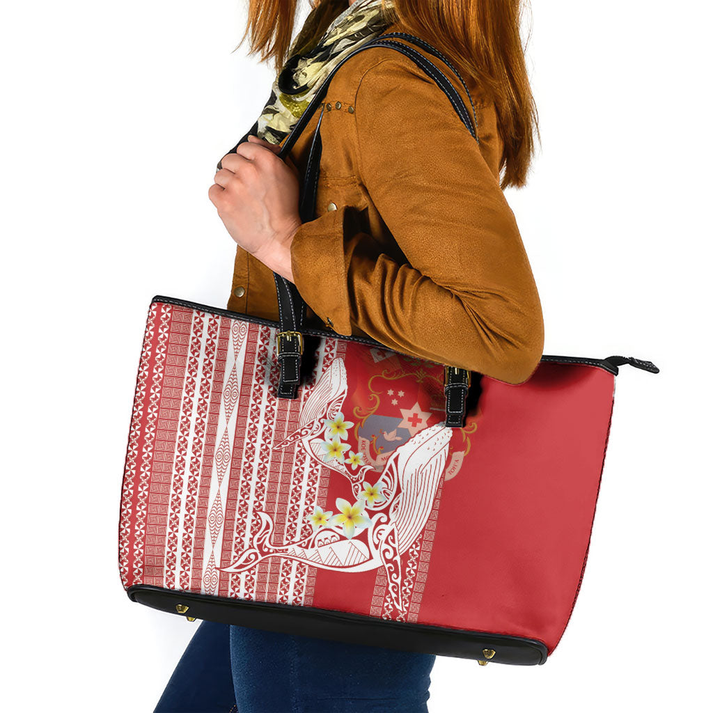 Swimming With Humpback Whales Season Tonga Leather Tote Bag Tongan Tofuaa Ngatu Pattern Red LT14 Red - Polynesian Pride