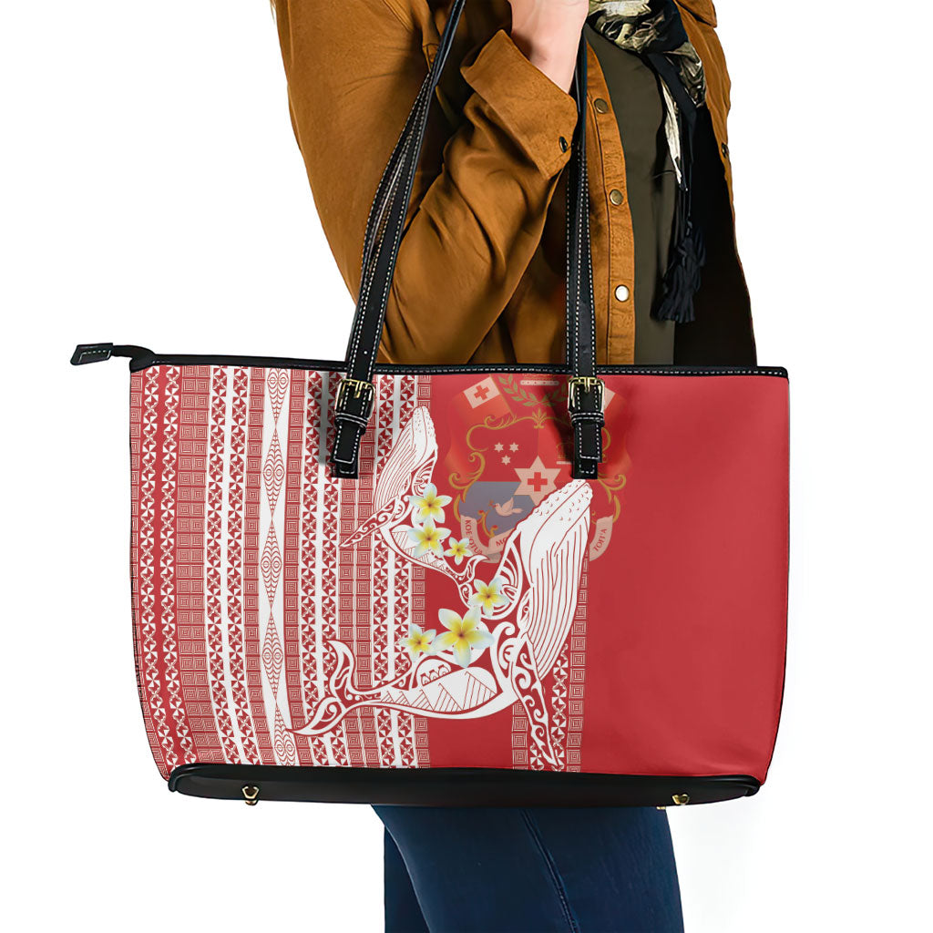 Swimming With Humpback Whales Season Tonga Leather Tote Bag Tongan Tofuaa Ngatu Pattern Red LT14 - Polynesian Pride