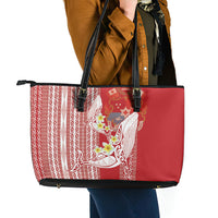 Swimming With Humpback Whales Season Tonga Leather Tote Bag Tongan Tofuaa Ngatu Pattern Red LT14 - Polynesian Pride