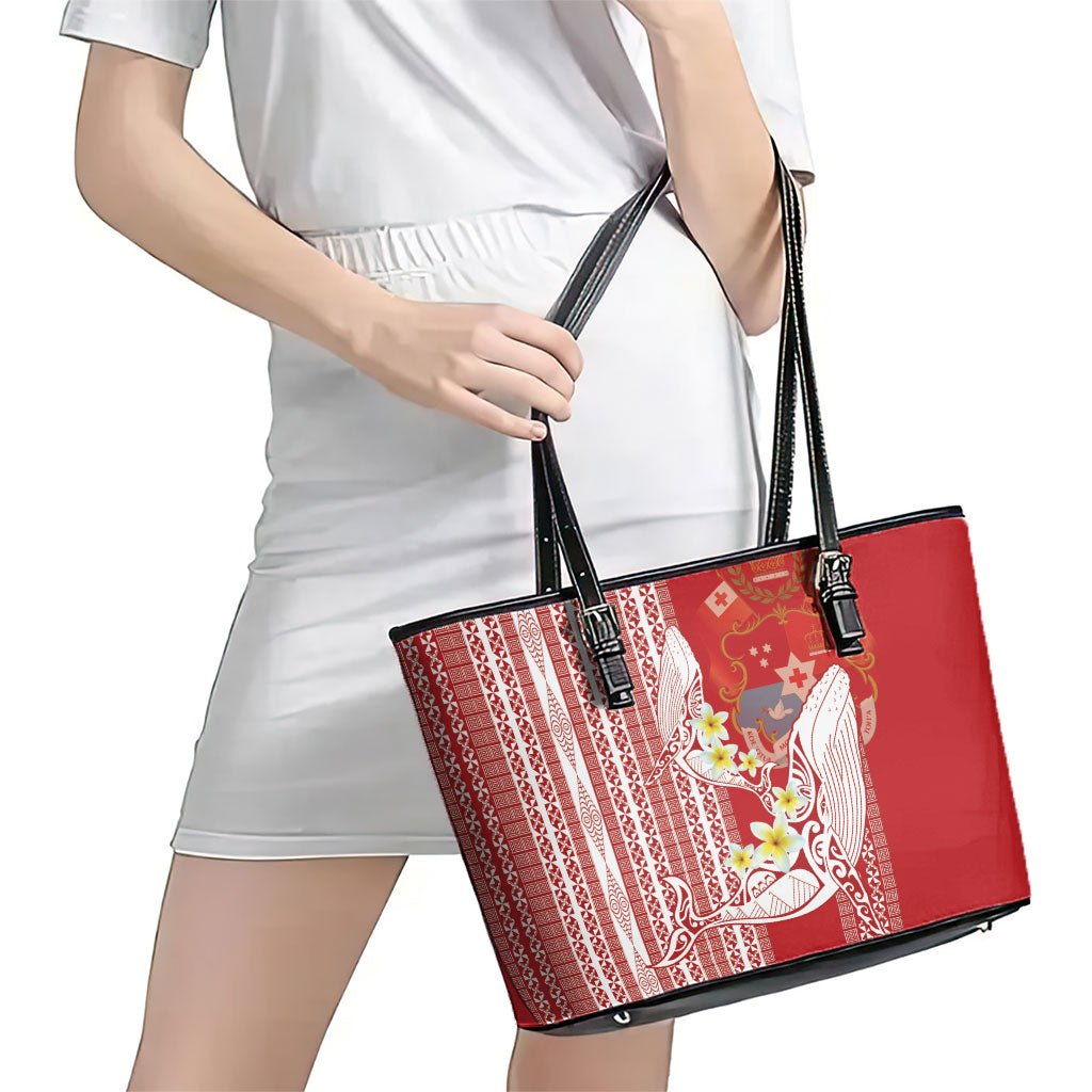 Swimming With Humpback Whales Season Tonga Leather Tote Bag Tongan Tofuaa Ngatu Pattern Red LT14 - Polynesian Pride