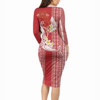 Swimming With Humpback Whales Season Tonga Long Sleeve Bodycon Dress Tongan Tofuaa Ngatu Pattern Red LT14 - Polynesian Pride