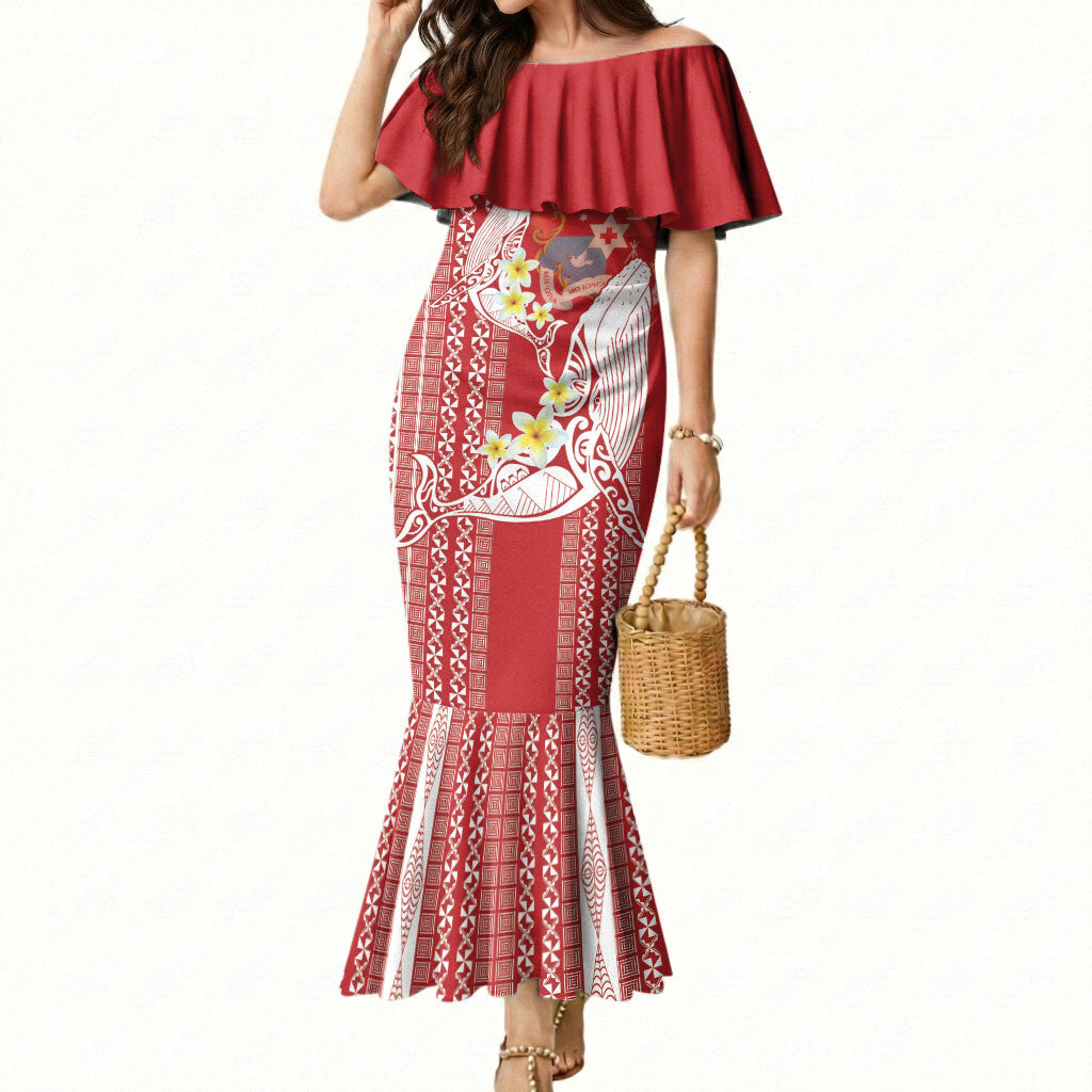 Swimming With Humpback Whales Season Tonga Mermaid Dress Tongan Tofuaa Ngatu Pattern Red LT14 Women Red - Polynesian Pride