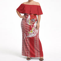 Swimming With Humpback Whales Season Tonga Off Shoulder Maxi Dress Tongan Tofuaa Ngatu Pattern Red LT14 Women Red - Polynesian Pride