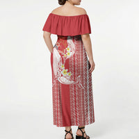 Swimming With Humpback Whales Season Tonga Off Shoulder Maxi Dress Tongan Tofuaa Ngatu Pattern Red LT14 - Polynesian Pride