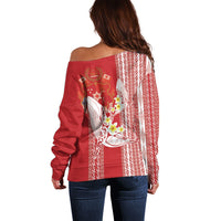 Swimming With Humpback Whales Season Tonga Off Shoulder Sweater Tongan Tofuaa Ngatu Pattern Red LT14 - Polynesian Pride