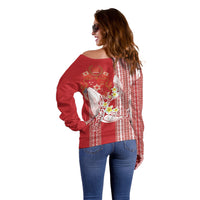 Swimming With Humpback Whales Season Tonga Off Shoulder Sweater Tongan Tofuaa Ngatu Pattern Red LT14 - Polynesian Pride