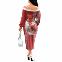 Swimming With Humpback Whales Season Tonga Off The Shoulder Long Sleeve Dress Tongan Tofuaa Ngatu Pattern Red LT14 - Polynesian Pride