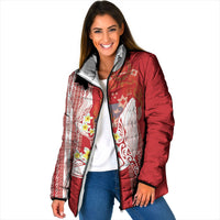 Swimming With Humpback Whales Season Tonga Padded Jacket Tongan Tofuaa Ngatu Pattern Red LT14 Women Red - Polynesian Pride