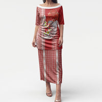 Swimming With Humpback Whales Season Tonga Puletasi Tongan Tofuaa Ngatu Pattern Red LT14 Long Dress Red - Polynesian Pride