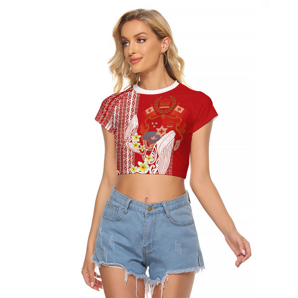 Swimming With Humpback Whales Season Tonga Raglan Cropped T Shirt Tongan Tofuaa Ngatu Pattern Red LT14 Female Red - Polynesian Pride