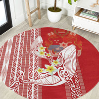Swimming With Humpback Whales Season Tonga Round Carpet Tongan Tofuaa Ngatu Pattern Red LT14 Red - Polynesian Pride