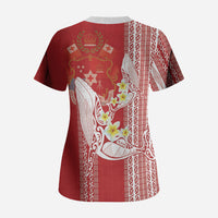 Swimming With Humpback Whales Season Tonga Scrub Top Tongan Tofuaa Ngatu Pattern Red LT14 - Polynesian Pride