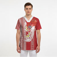 Swimming With Humpback Whales Season Tonga Scrub Top Tongan Tofuaa Ngatu Pattern Red LT14 - Polynesian Pride