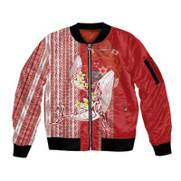Swimming With Humpback Whales Season Tonga Sleeve Zip Bomber Jacket Tongan Tofuaa Ngatu Pattern Red LT14 Unisex Red - Polynesian Pride