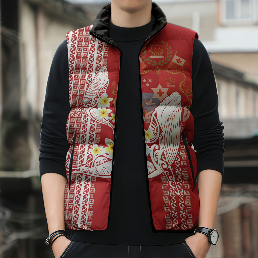 Swimming With Humpback Whales Season Tonga Sleeveless Puffer Jacket Tongan Tofuaa Ngatu Pattern Red LT14 - Polynesian Pride