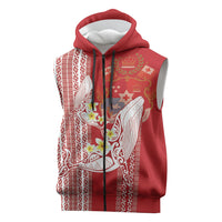 Swimming With Humpback Whales Season Tonga Sleeveless Zip Hoodie Tongan Tofuaa Ngatu Pattern Red LT14 Red - Polynesian Pride