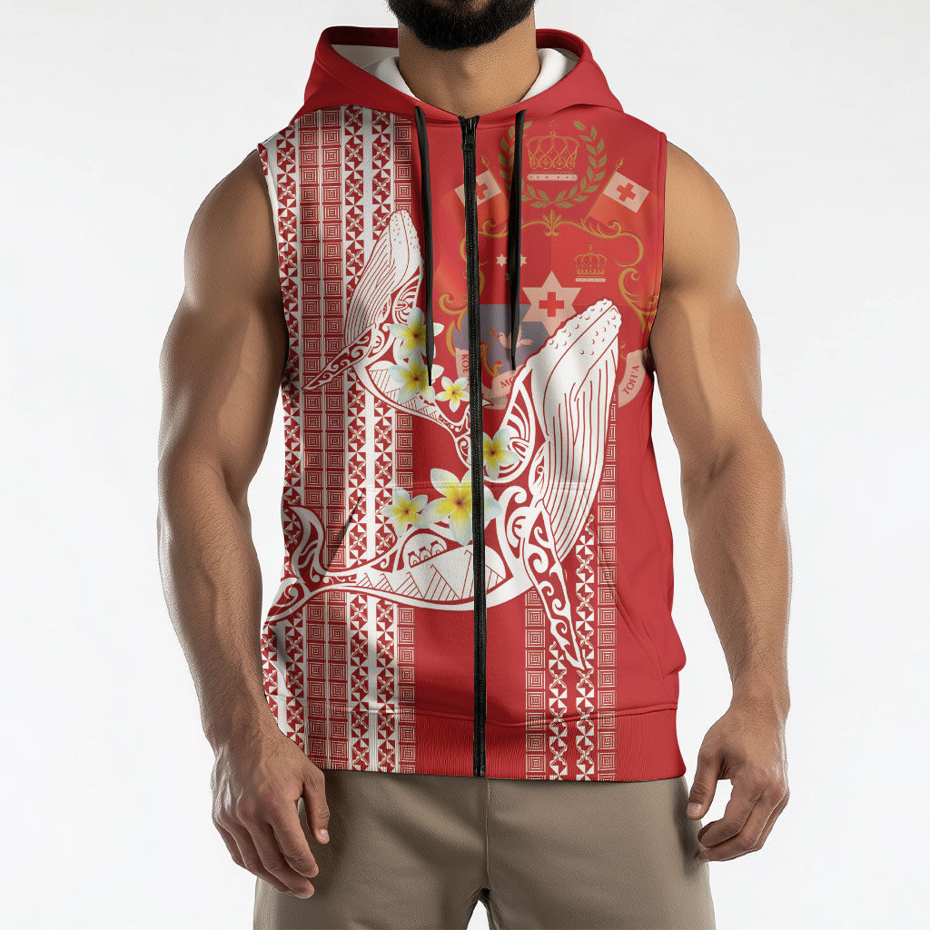 Swimming With Humpback Whales Season Tonga Sleeveless Zip Hoodie Tongan Tofuaa Ngatu Pattern Red LT14 - Polynesian Pride