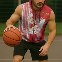 Swimming With Humpback Whales Season Tonga Sleeveless Zip Hoodie Tongan Tofuaa Ngatu Pattern Red LT14 - Polynesian Pride