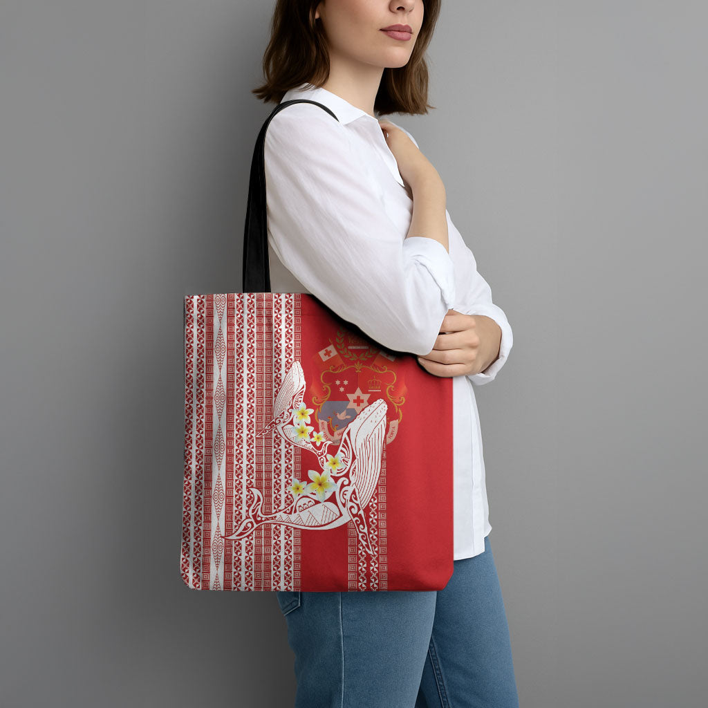 Swimming With Humpback Whales Season Tonga Tote Bag Tongan Tofuaa Ngatu Pattern Red LT14 - Polynesian Pride