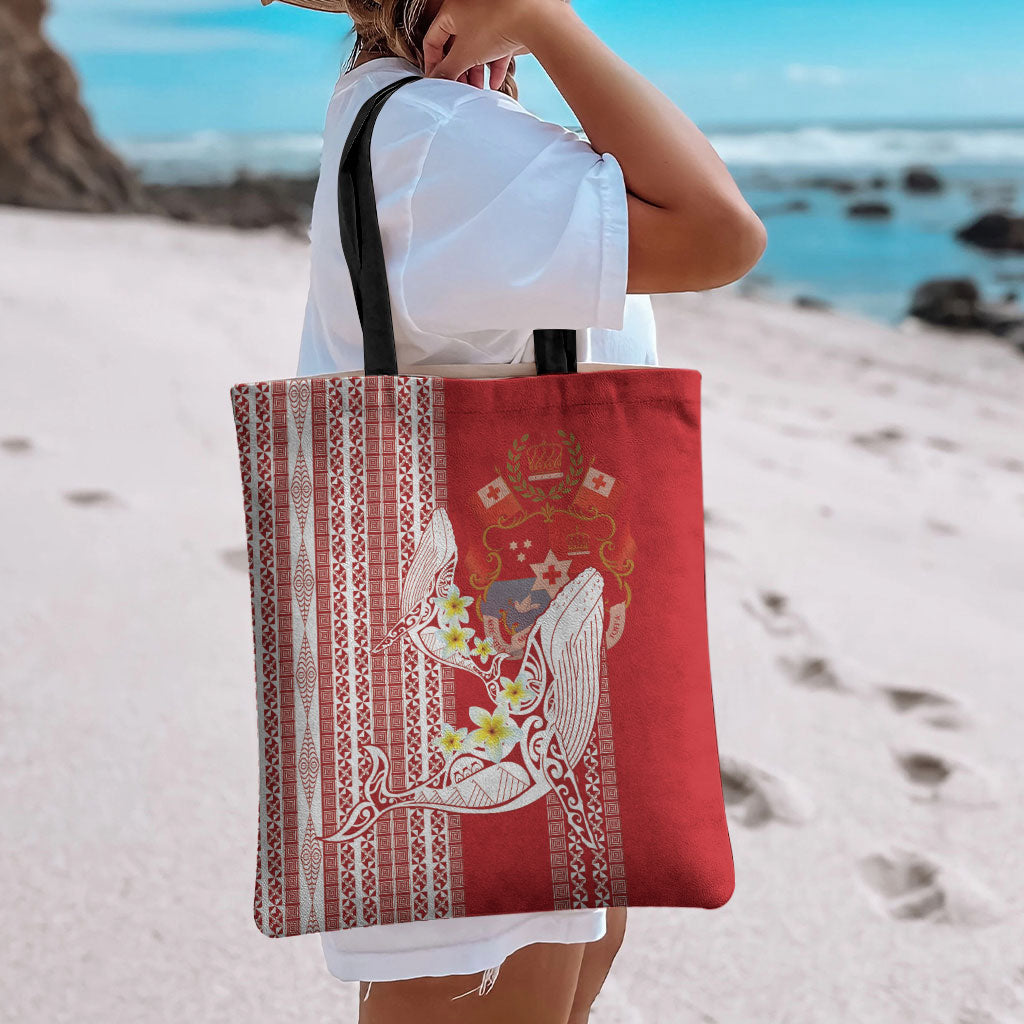 Swimming With Humpback Whales Season Tonga Tote Bag Tongan Tofuaa Ngatu Pattern Red LT14 - Polynesian Pride