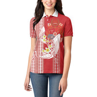 Swimming With Humpback Whales Season Tonga Women Polo Shirt Tongan Tofuaa Ngatu Pattern Red LT14 - Polynesian Pride