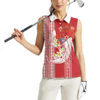 Swimming With Humpback Whales Season Tonga Women Sleeveless Polo Shirt Tongan Tofuaa Ngatu Pattern Red LT14 - Polynesian Pride