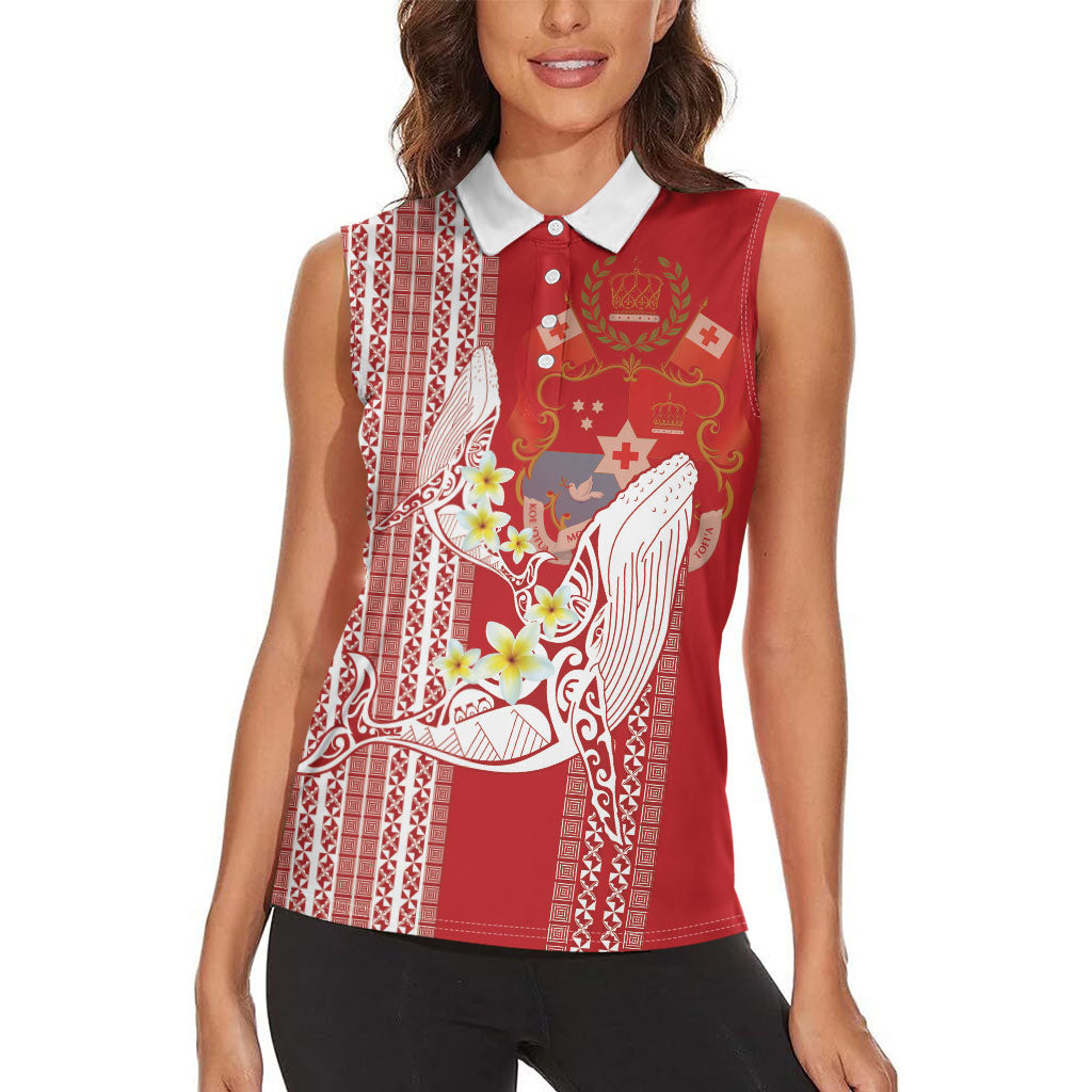 Swimming With Humpback Whales Season Tonga Women Sleeveless Polo Shirt Tongan Tofuaa Ngatu Pattern Red LT14 - Polynesian Pride