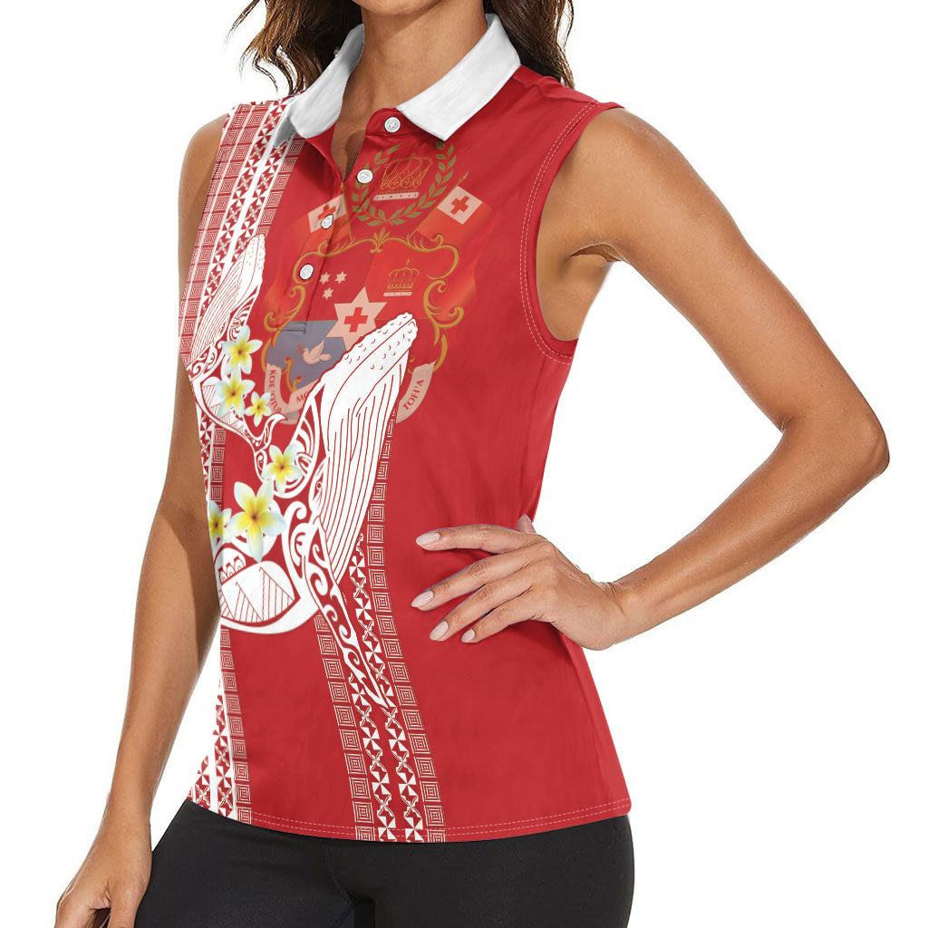 Swimming With Humpback Whales Season Tonga Women Sleeveless Polo Shirt Tongan Tofuaa Ngatu Pattern Red LT14 - Polynesian Pride