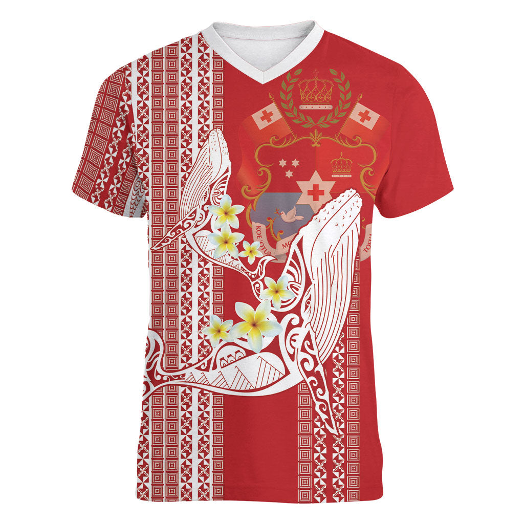 Swimming With Humpback Whales Season Tonga Women V-Neck T-Shirt Tongan Tofuaa Ngatu Pattern Red LT14 Female Red - Polynesian Pride