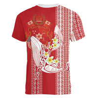 Swimming With Humpback Whales Season Tonga Women V-Neck T-Shirt Tongan Tofuaa Ngatu Pattern Red LT14 - Polynesian Pride
