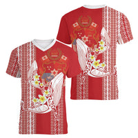 Swimming With Humpback Whales Season Tonga Women V-Neck T-Shirt Tongan Tofuaa Ngatu Pattern Red LT14 - Polynesian Pride