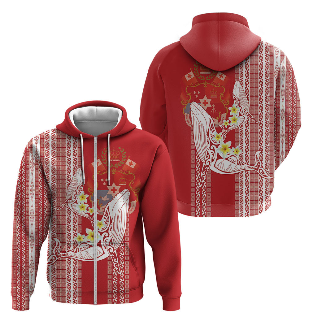 Swimming With Humpback Whales Season Tonga Zip Hoodie Tongan Tofuaa Ngatu Pattern Red LT14 - Polynesian Pride