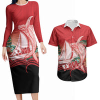 Vavau Sailing Festival Tonga Personalised Couples Matching Long Sleeve Bodycon Dress and Hawaiian Shirt Humpback Whale Sailboat Tropical Vibes LT14 Red - Polynesian Pride