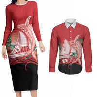 Vavau Sailing Festival Tonga Personalised Couples Matching Long Sleeve Bodycon Dress and Long Sleeve Button Shirt Humpback Whale Sailboat Tropical Vibes LT14 Red - Polynesian Pride