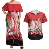 Vavau Sailing Festival Tonga Personalised Couples Matching Off Shoulder Maxi Dress and Hawaiian Shirt Humpback Whale Sailboat Tropical Vibes LT14 Red - Polynesian Pride