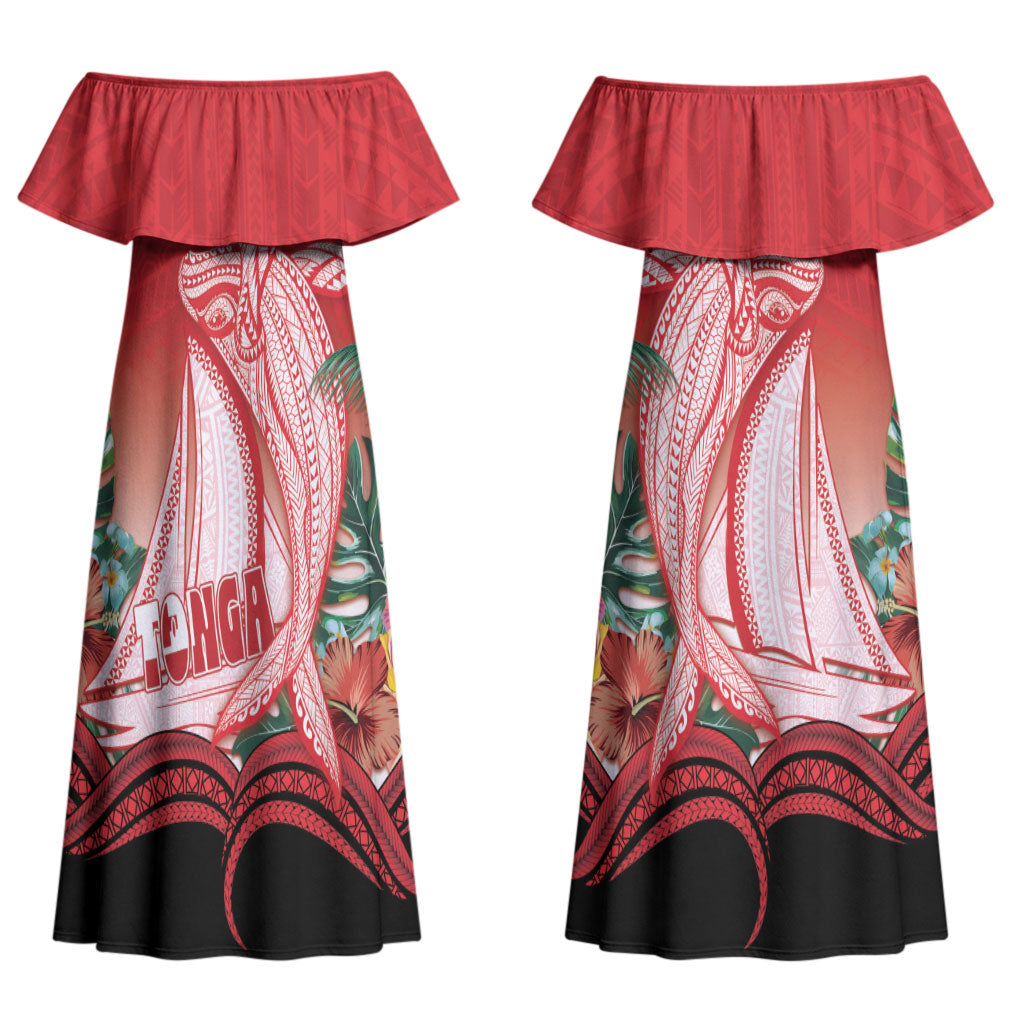 Vavau Sailing Festival Tonga Personalised Couples Matching Off Shoulder Maxi Dress and Hawaiian Shirt Humpback Whale Sailboat Tropical Vibes LT14 - Polynesian Pride