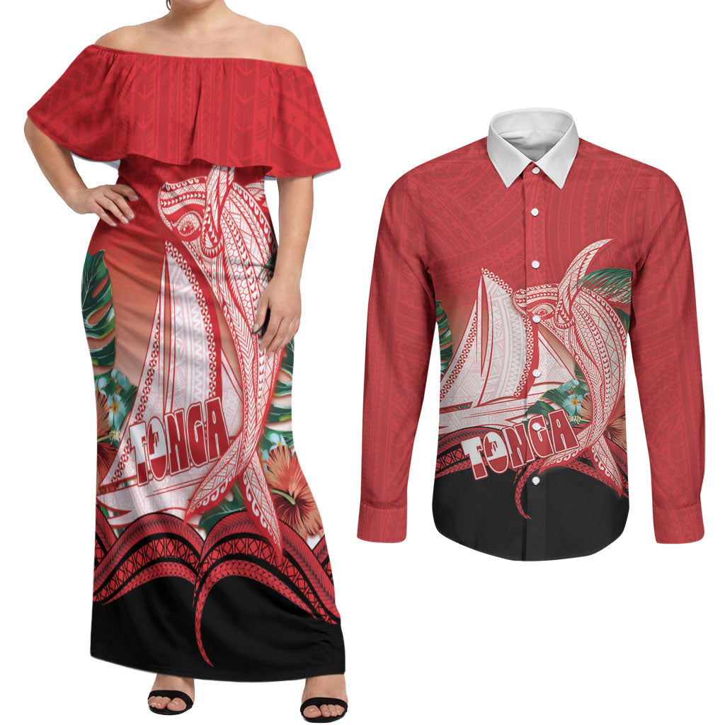 Vavau Sailing Festival Tonga Personalised Couples Matching Off Shoulder Maxi Dress and Long Sleeve Button Shirt Humpback Whale Sailboat Tropical Vibes LT14 Red - Polynesian Pride