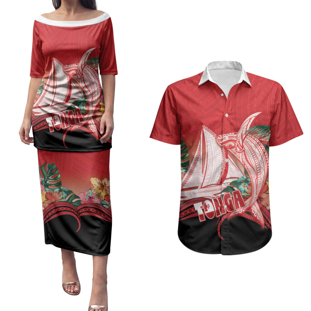 Vavau Sailing Festival Tonga Personalised Couples Matching Puletasi and Hawaiian Shirt Humpback Whale Sailboat Tropical Vibes LT14 Red - Polynesian Pride