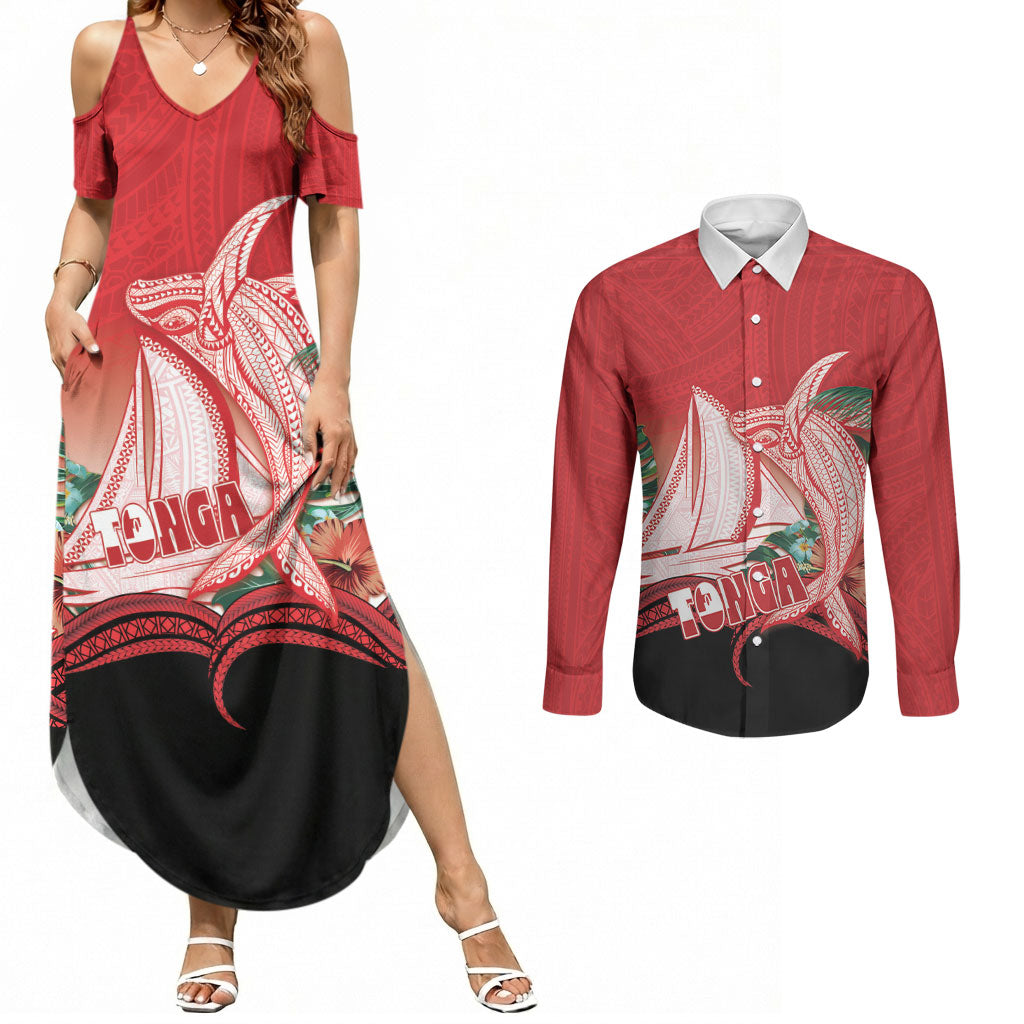 Vavau Sailing Festival Tonga Personalised Couples Matching Summer Maxi Dress and Long Sleeve Button Shirt Humpback Whale Sailboat Tropical Vibes LT14 Red - Polynesian Pride