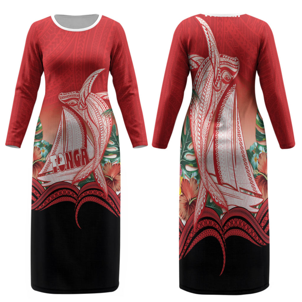 Vavau Sailing Festival Tonga Personalised Family Matching Long Sleeve Bodycon Dress and Hawaiian Shirt Humpback Whale Sailboat Tropical Vibes LT14 Mom's Dress Red - Polynesian Pride