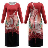 Vavau Sailing Festival Tonga Personalised Family Matching Long Sleeve Bodycon Dress and Hawaiian Shirt Humpback Whale Sailboat Tropical Vibes LT14 Mom's Dress Red - Polynesian Pride