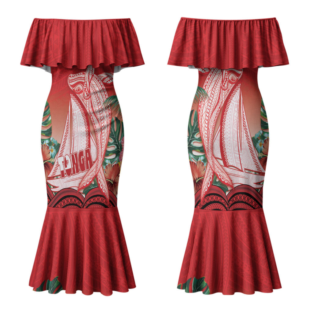Vavau Sailing Festival Tonga Personalised Family Matching Mermaid Dress and Hawaiian Shirt Humpback Whale Sailboat Tropical Vibes LT14 Mom's Dress Red - Polynesian Pride