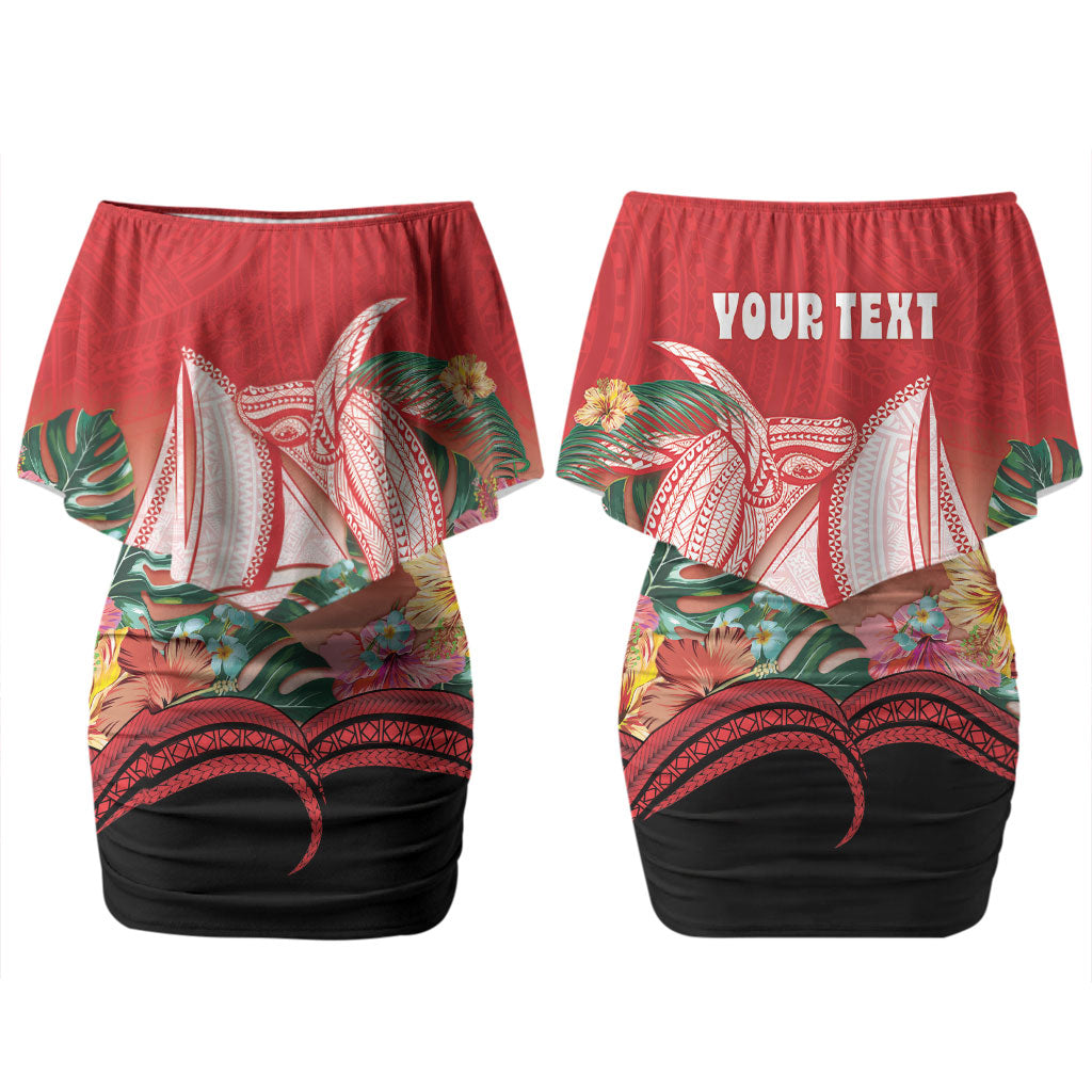 Vavau Sailing Festival Tonga Personalised Family Matching Off Shoulder Short Dress and Hawaiian Shirt Humpback Whale Sailboat Tropical Vibes LT14 Mom's Dress Red - Polynesian Pride