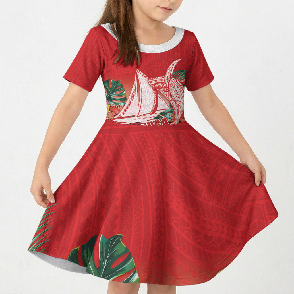 Vavau Sailing Festival Tonga Personalised Kid Short Sleeve Dress Humpback Whale Sailboat Tropical Vibes LT14 KID Red - Polynesian Pride