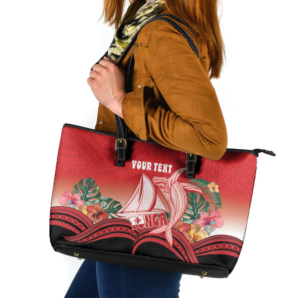 Vavau Sailing Festival Tonga Personalised Leather Tote Bag Humpback Whale Sailboat Tropical Vibes LT14 Red - Polynesian Pride